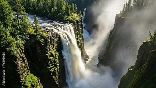 Majestic Waterfall Cascading Through Lush Green Forest and Rocky Cliffs.