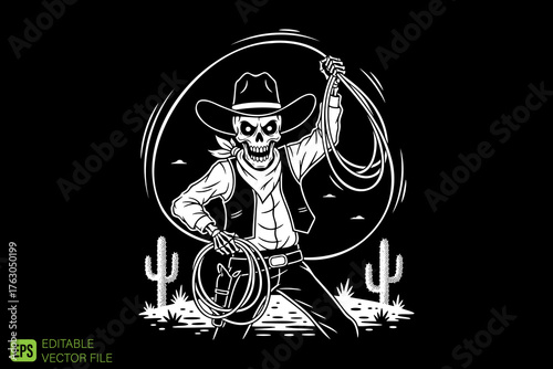 Skeleton Cowboy with Lasso in Western Desert Landscape.