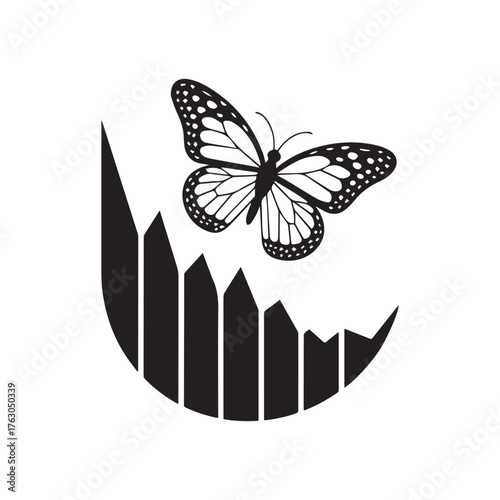 Vector art of butterfly soaring above a curved bar graph, representing market recovery and financial growth