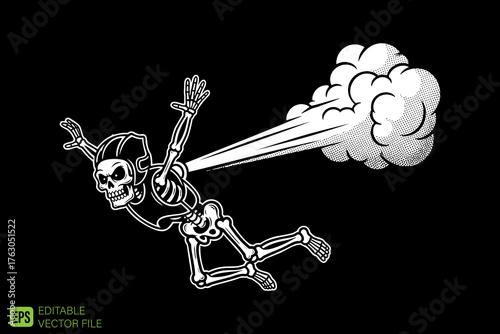 Cartoon Skeleton Flying with Smoke Trail from its Back.