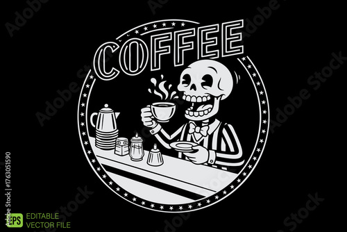 Skeleton Enjoying a Steaming Cup of Coffee at a Diner Counter.