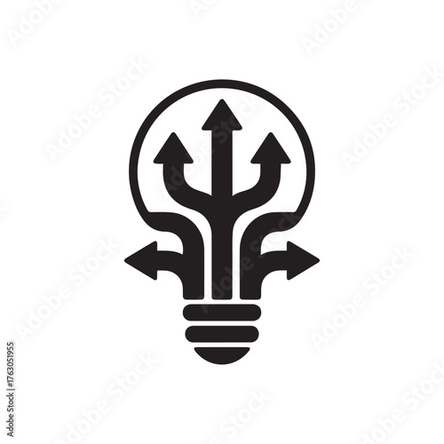 Vector art of light bulb with arrows pointing in different directions, representing decision making and choices