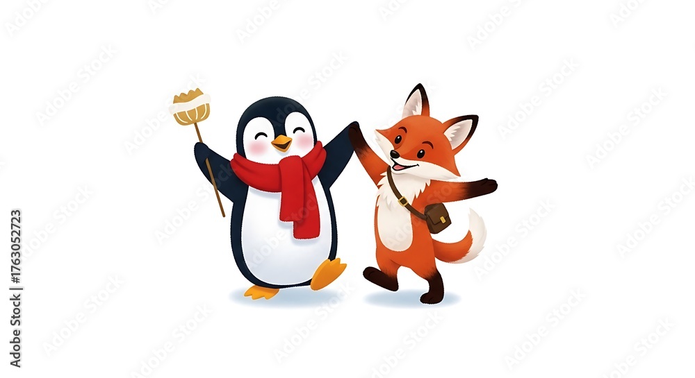 Obraz premium A cartoon penguin with scarf and fox with bag dancing together on a white background illustration