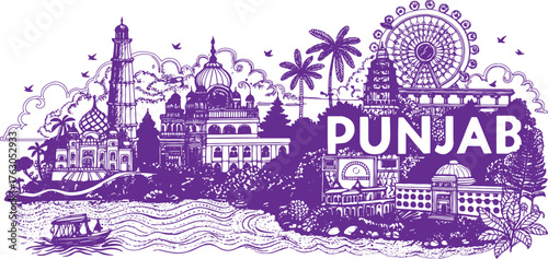 Punjab Skyline Sketch with Heritage Landmarks like Golden Temple, Qila Mubarak, and Patiala Fort – Tourism Art for Print, Wall Decor, and Souvenirs