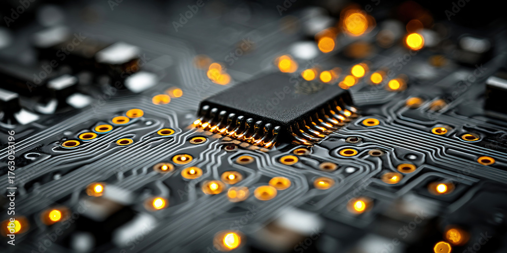 Fototapeta premium Close up view of shiny microcircuit board illuminated by soft light in dark environment
