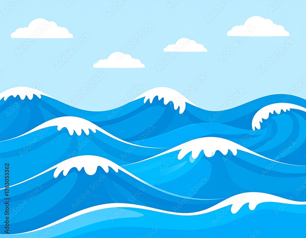 Fototapeta premium Cartoon depiction of ocean waves cresting under a clear, blue sky