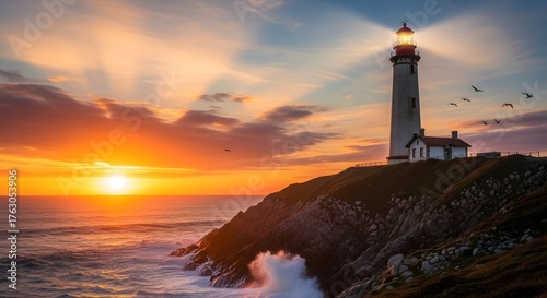 Lighthouse shining brightly on a cliffside at sunset with waves crashing and birds flying above it