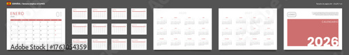 2026 Spanish language Calendar Planner Set of Template Monthly Page, Cover with Place for Photo, Company Logo, Annual 2026-2027. Vector layout wall or desk calendar with week start Monday. Pages A4