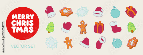 Christmas vector set with festive elements. Cute cartoon gifts, cookies, tree, ornaments, mittens, hat and snowflakes. Holiday illustration isolated for winter decoration and celebration design