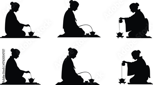 Silhouette of woman performing traditional tea ceremony, Japanese culture art, elegant ritual practice, peaceful meditation and mindfulness concept