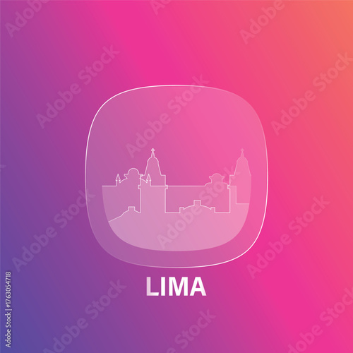 Lima, Peru: icon and logo prototype with glass liquid effect. Flat emblem with shapes of landmarks. Concept for mobile app, sticker, web element