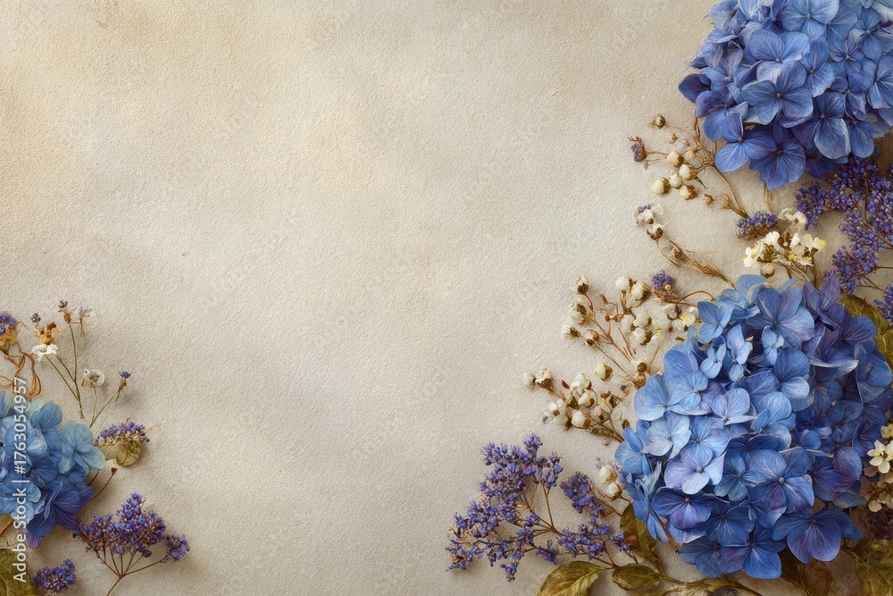 Fototapeta premium Blue Hydrangea Blooms with Dried Flowers on Textured Beige Background, Soft Light.