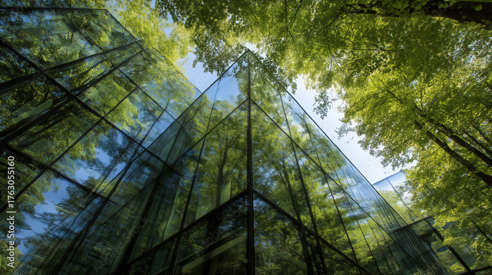 Naklejka premium Contemporary glass building reflecting green trees and blue sky, blending architecture with nature. 