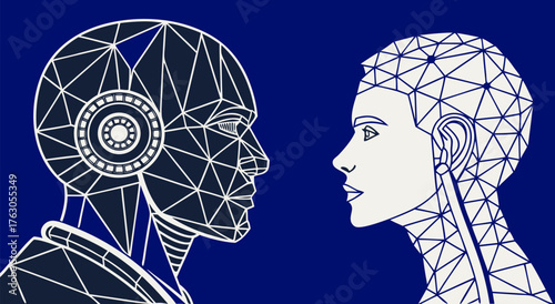 Digital illustration of humanoid robot and human face, showcasing geometric lines and shapes, representing technology