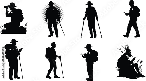 Silhouette of park ranger hiking with backpack and binoculars, outdoor exploration, wildlife protection, forest patrol, nature conservation scene illustration