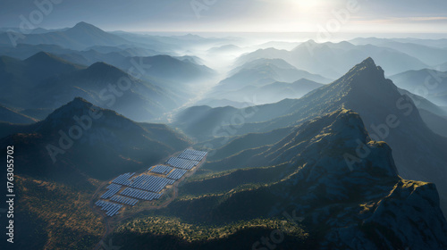 Sunlight piercing through misty mountain ridges, revealing layers of fog and landscape in peaceful morning light.