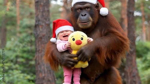 n orangutan wearing a Santa hat holds a crying baby, also wearing a Santa hat and clutching a yellow plush toy, in a wooded outdoor setting