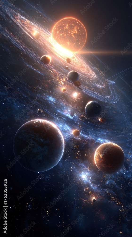 Obraz premium Cosmic Ballet - Nebulous Galaxy with Glowing Planets and Ringed Celestial Body.