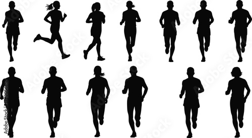 Running silhouette vector, athletic motion icon, dynamic stride graphic, jogging posture set, fitness sprint pose, flat vector illustration