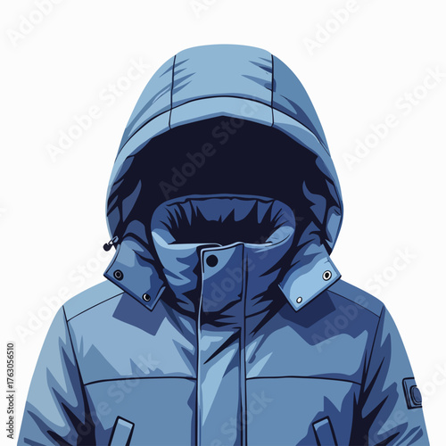 Winter jacket with hood up vector illustration. Blue parka for cold weather protection. Isolated graphic design element for fashion and apparel concepts.