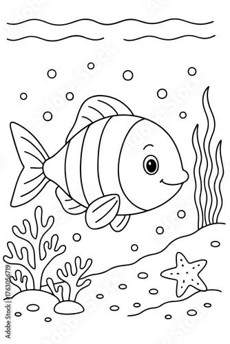 Coloring page of a cute cartoon fish swimming underwater surrounded by coral, bubbles, and a starfish. Fun coloring page illustration for kids.