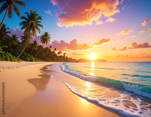 Fototapeta Naklejka Na Ścianę i Meble -  Tropical beach scene at sunset, featuring palm trees and ocean waves