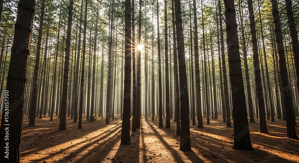 Naklejka premium Sunlight streaming through tall trees in a dense forest casting long shadows on the ground below