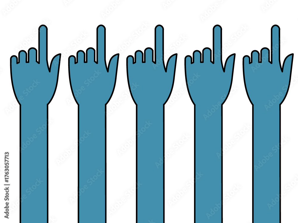 Fototapeta premium Multiple blue fingers pointing up with arrow shape on transparent background. Cool directional sign. Clean and modern look with blue tones.