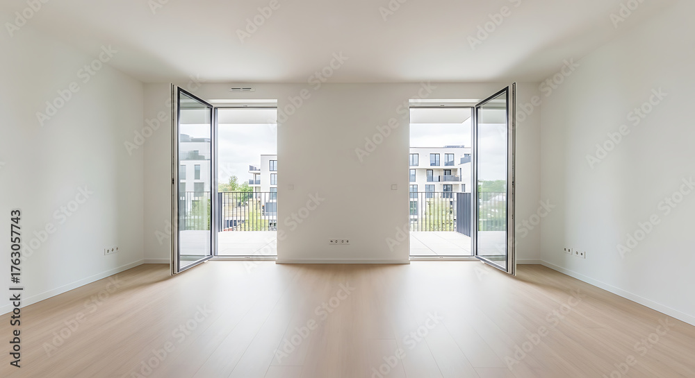 Fototapeta premium Bright empty room with wood floor and open doors leading to balconies in a modern apartment