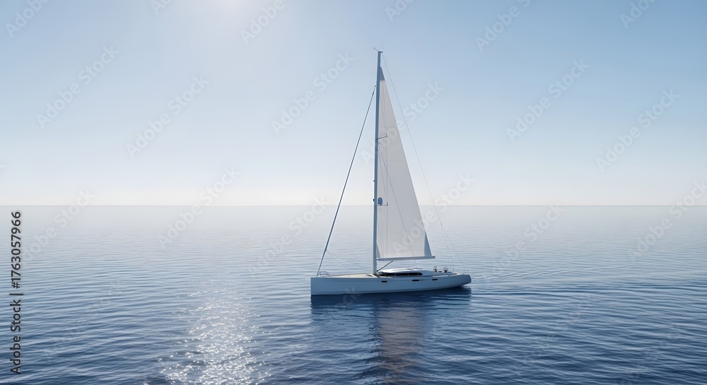 Fototapeta premium A sailboat with white sails gliding smoothly across the calm blue water under a clear sky on a sunny day
