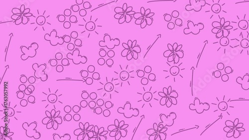 Animated background pattern with cute, hand drawn doodle elements including flowers, suns, and clouds.