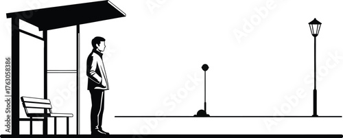 Pensive man waiting at bus stop with city skyline and street lamp in monochrome illustration