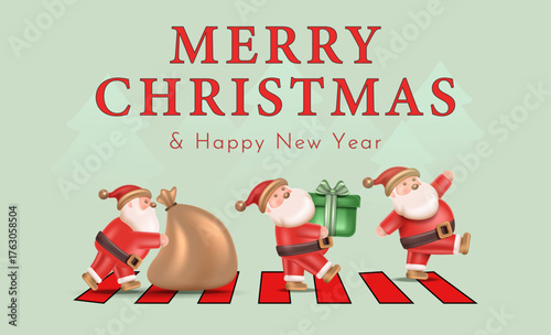 Three cheerful Santas crossing a festive path carrying gifts and bags wishing everyone Christmas happiness and love. Santa Claus Coming to Town Concept. Merry Christmas Poster Design Vector Illustrati