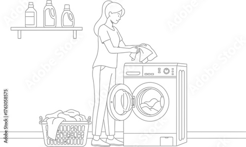 Woman doing laundry with modern washing machine and detergent bottles in a bright laundry room