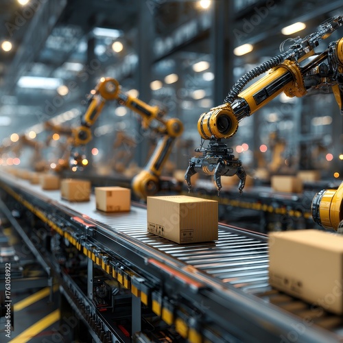 Automated Robotic Arms Assembling Boxes on a Futuristic Conveyor Belt in a Modern Factory.
