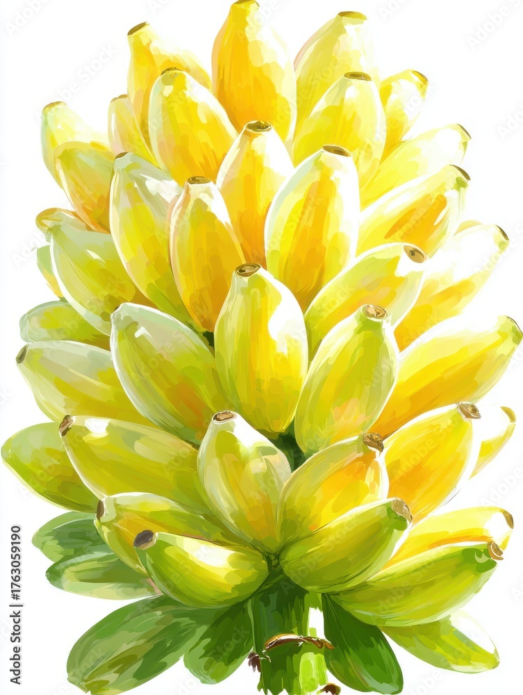 Fototapeta premium Artistic illustration of a Lady Finger banana bunch against a white background showcasing vibrant yellow and green hues