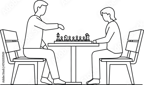 Friends enjoying chess match, strategizing moves, a timeless game of skill and intellect, competition