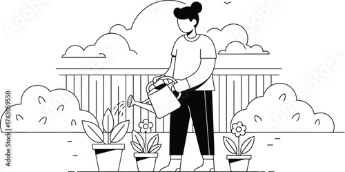 Woman watering potted flowers in a garden, nurturing growth and enjoying mindful connection with nature