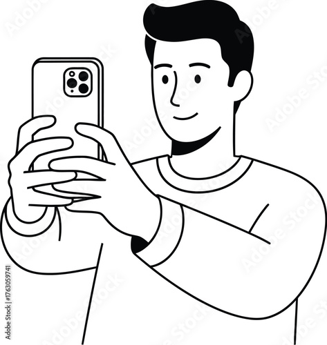 Man capturing memories with mobile phone camera, sharing experiences online, social media content