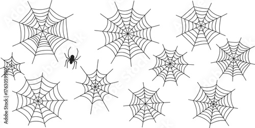 Spider webs collection, intricate designs, Halloween theme, spider near web, nature pattern, spooky decoration, arachnid art, isolated background, biology concept