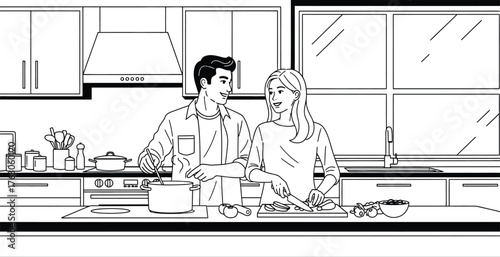 Cheerful couple cooking dinner together in a modern kitchen, enjoying preparing a healthy meal