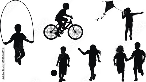 Children activity silhouette, outdoor play icon, biking skating graphic, joyful movement scene, playful posture set, flat vector illustration