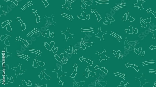 Animated background pattern featuring hand drawn elements include stars, clouds, arrows, and other whimsical shapes, creating a playful and seamless looping design.
