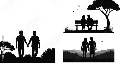 Couple silhouette, romantic walk, park bench scene, nature landscape, holding hands, love outdoors, peaceful moment, flat vector illustration