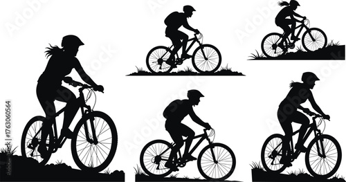 Cycling silhouette vector, mountain bike icon, outdoor rider graphic, helmet cyclist pose, uphill terrain motion, flat vector illustration