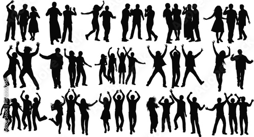 Dance silhouette collection, group movement vector, energetic pose graphic, social interaction art, expressive dancer set, flat vector illustration