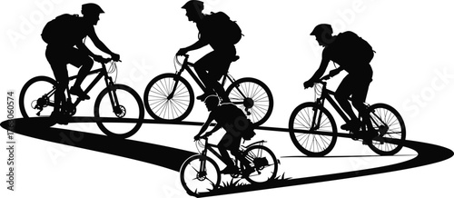 Cyclist silhouette vector, bike trail graphic, outdoor adventure icon, winding path riders, backpack travel scene, flat vector illustration