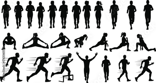 Athlete silhouette vector, fitness movement icon, running pose graphic, stretching exercise set, dynamic workout scene, flat vector illustration