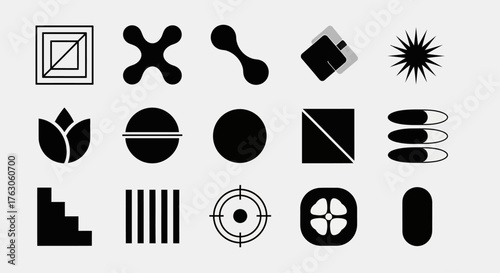 A versatile collection of bold black geometric shapes and abstract universal symbols for modern graphic design and branding projects