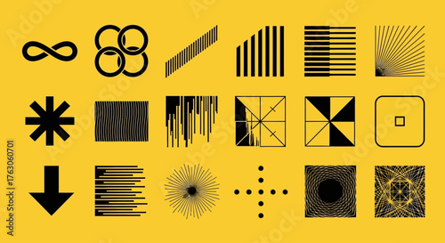 A curated collection of bold geometric symbols and abstract minimalist icons for modern graphic design projects on a yellow background